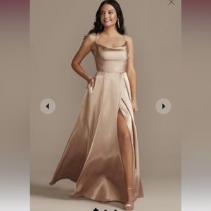 Galina Signature charmeuse cowl bridesmaid dress with lace-up back